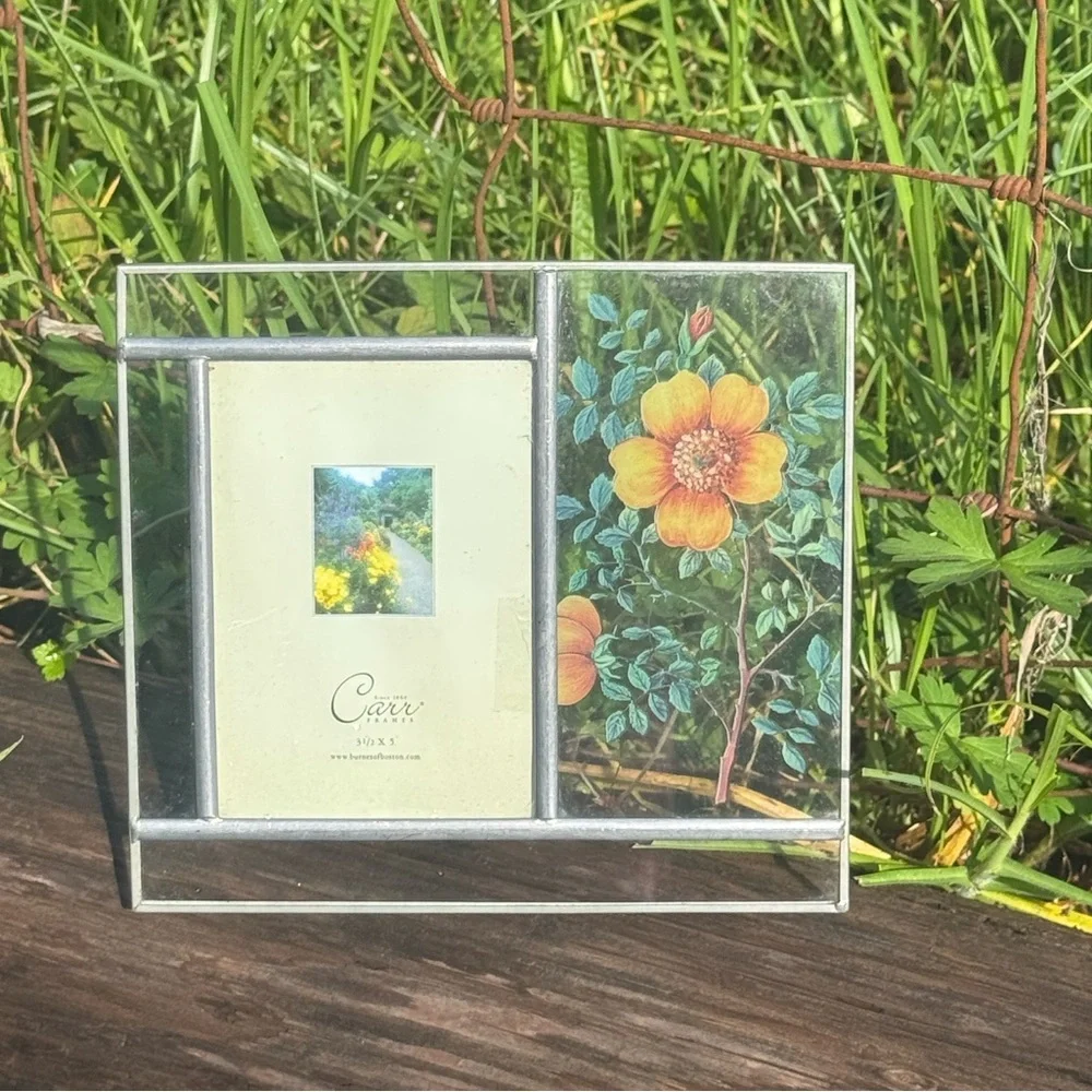 VTG CARR Stained Glass Pressed Flowers Picture Frame Country Garden 3.5x5”